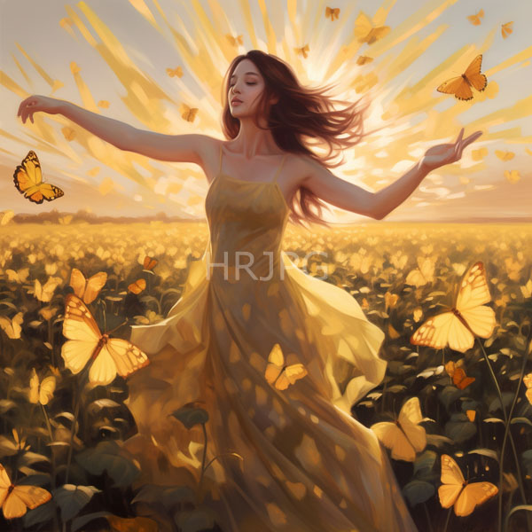 High Resolution: Ethereal woman with flowing brown hair wears a translucent yellow dress in a sunlit butterfly field at sunset dancing gracefully amidst fluttering golden butterflies download. | HRJPG.com