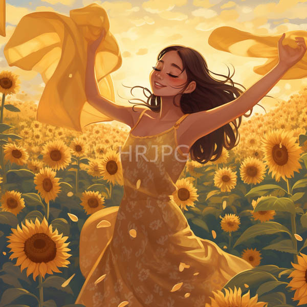 High Resolution: Asian woman with long wavy brown hair dancing in a sunflower field at sunset wears a yellow floral dress and holds up matching fabric pieces joyfully download. | HRJPG.com