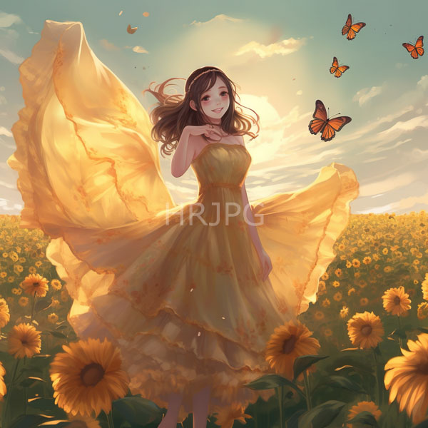 High Resolution: Anime-style young woman with long brown hair wears a flowing yellow dress in a sunlit field filled with blooming sunflowers and surrounded by orange butterflies download. | HRJPG.com