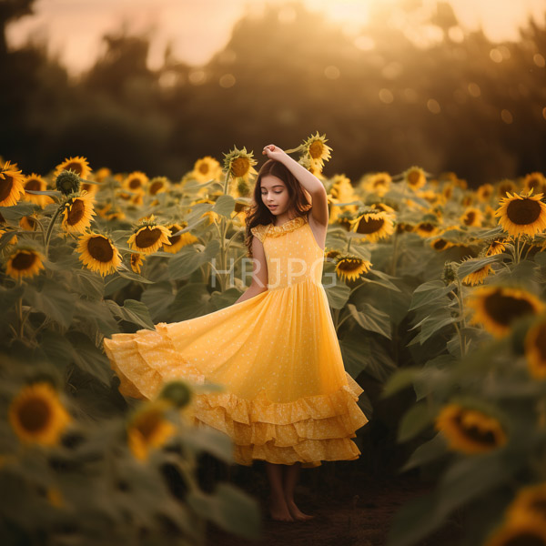 High Resolution: Asian girl with long brown hair wears a yellow floral dress and holds sunflowers in her hand while standing amidst tall rows of blooming sunflower field at sunset download. | HRJPG.com