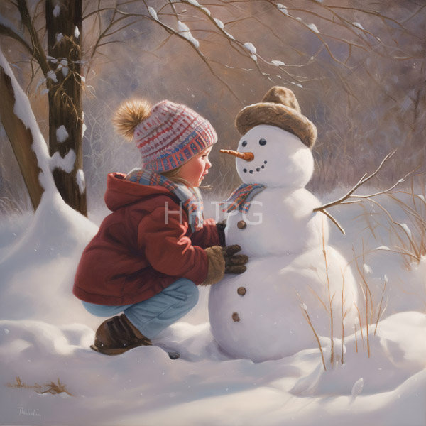 High Resolution: Adorable child in a red jacket blue pants and striped knit hat interacts with a snowman wearing a brown felt cap on a snowy forest ground download. | HRJPG.com