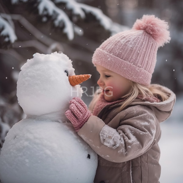 High Resolution: Adorable blonde toddler in a pink knit hat and beige coat gently touches a small snowman's nose outdoors with a snowy forest background download. | HRJPG.com