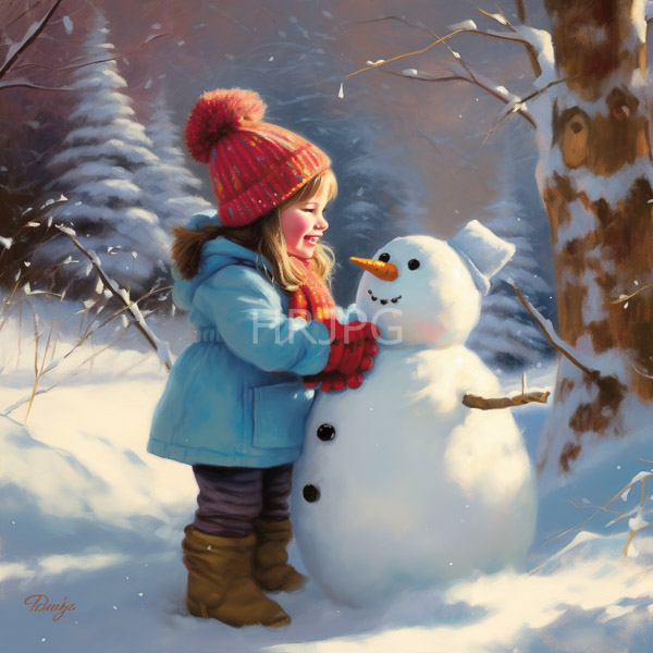 High Resolution: Adorable young girl with blonde hair wears a red knit hat and blue coat standing in a snowy forest beside a cheerful snowman touching its carrot nose download. | HRJPG.com