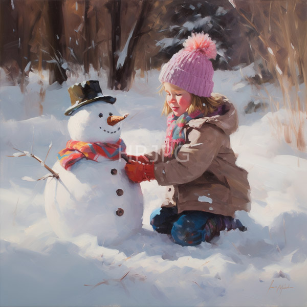 High Resolution: Photorealistic young blonde girl in winter clothes kneels beside a snowman adorned with a black top hat and colorful scarf touching its carrot nose download. | HRJPG.com