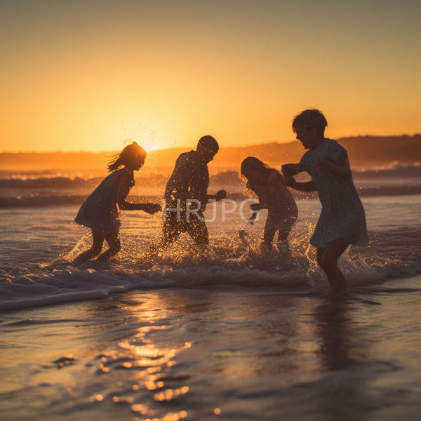 High Resolution: Four children playing in shallow ocean waves at sunset silhouetted against an orange and yellow sky wearing light-colored summer dresses or shirts download. | HRJPG.com