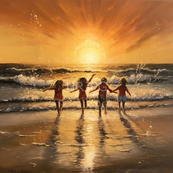High Resolution: Vibrant impressionistic painting depicts four children running towards an orange sunset on a beach wearing red shirts and shorts with reflections shimmering download. | HRJPG.com