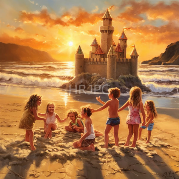 High Resolution: Six children playing on a sandy beach at sunset facing a medieval castle with turrets and red roofs in the background download. | HRJPG.com