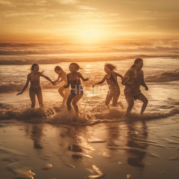 High Resolution: Six young women running joyfully in shallow ocean water at sunset holding hands and laughing together wearing colorful bikinis download. | HRJPG.com