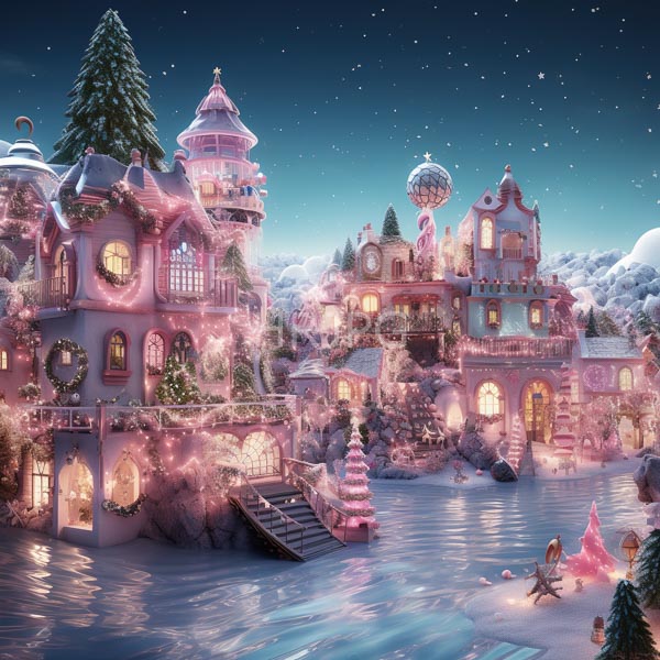 High Resolution: Enchanting snow-covered village at night with glowing pink and purple lights illuminating charming houses adorned in Christmas decorations reflecting on icy water download. | HRJPG.com