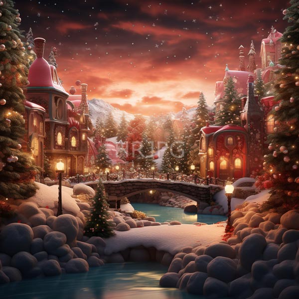 High Resolution: Enchanting winter village at sunset with snow-covered rooftops and trees adorned in Christmas ornaments under starry skies illuminated by warm street lamps download. | HRJPG.com