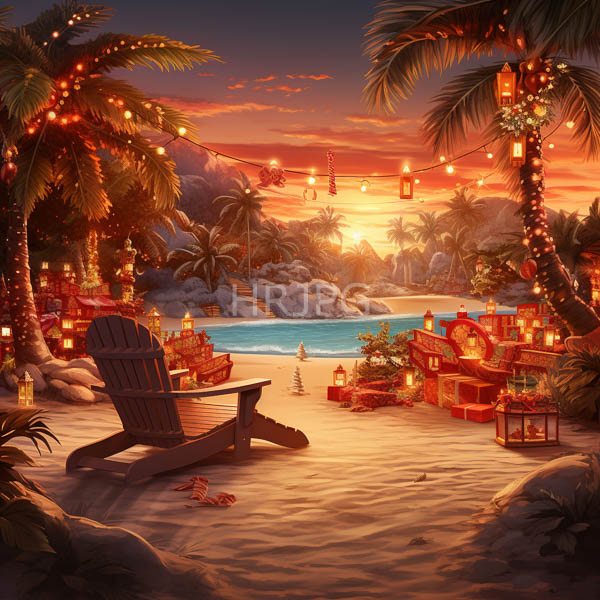 High Resolution: Idyllic tropical beach at sunset features palm trees adorned with warm string lights and lanterns hanging above sand with a central wooden Adirondack chair download. | HRJPG.com