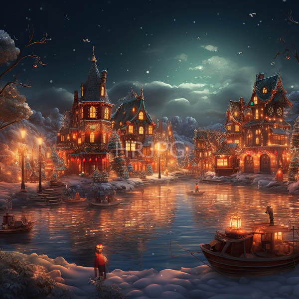 High Resolution: Enchanting winter village at night with snow-covered buildings illuminated by warm yellow lights reflecting in calm waters a lone figure stands near two boats download. | HRJPG.com