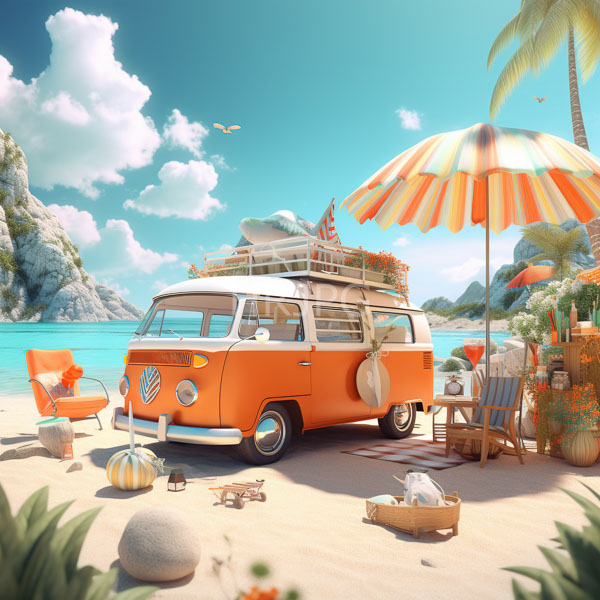 High Resolution: Orange and white vintage Volkswagen camper van on a sunny beach with turquoise water adorned with a roof rack holding surfboards and a large striped umbrella download. | HRJPG.com