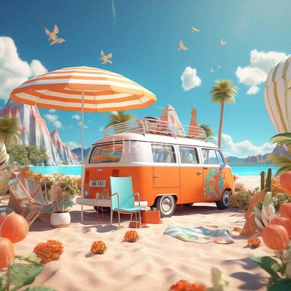 High Resolution: Orange and white vintage Volkswagen van on a sandy beach under a large striped umbrella with turquoise ocean and distant mountains in the background download. | HRJPG.com