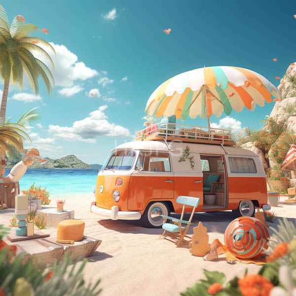 High Resolution: Idyllic beach scene features a vintage orange and white Volkswagen camper van with its door open under a large striped umbrella providing shade download. | HRJPG.com