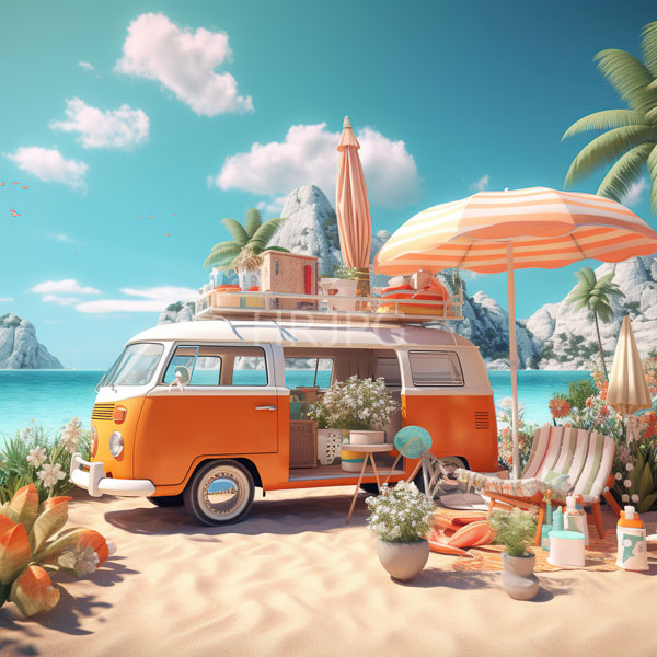 High Resolution: Orange vintage Volkswagen camper van on a sandy beach adorned with potted plants and a striped umbrella under a clear blue sky download. | HRJPG.com