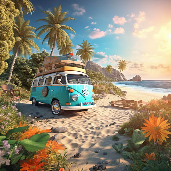 High Resolution: Photorealistic turquoise vintage Volkswagen van with surfboards on top parked beside vibrant orange flowers and lush greenery at a tropical beach during sunset download. | HRJPG.com