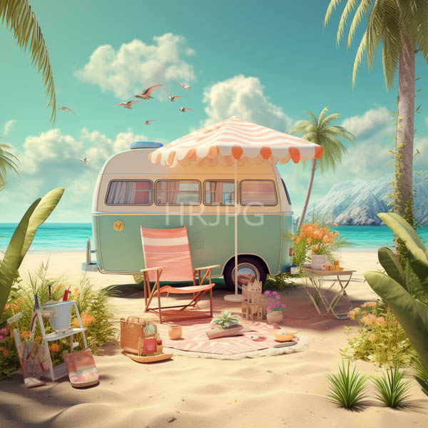High Resolution: Serene beach scene features an old green and white Volkswagen camper van parked on a sandy shore under a striped umbrella with two wooden chairs in front download. | HRJPG.com