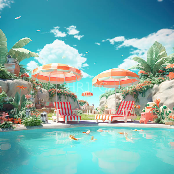 High Resolution: Idyllic tropical pool scene under bright blue skies with fluffy clouds features two red-and-white striped lounge chairs and matching umbrellas surrounding clear turquoise water download. | HRJPG.com