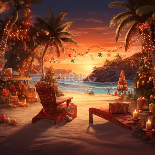 High Resolution: Idyllic beach at sunset adorned with Christmas decorations and palm trees two wooden Adirondack chairs face each other surrounded by candles and wrapped gifts download. | HRJPG.com