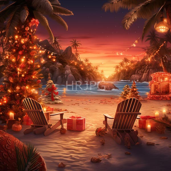 High Resolution: Idyllic beach at sunset features two wooden Adirondack chairs facing each other on the sandy shore with scattered seashells and wrapped gifts near a decorated Christmas tree download. | HRJPG.com