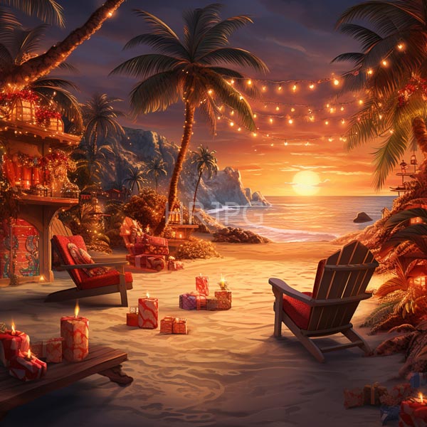 High Resolution: Idyllic beach at sunset adorned with string lights and palm trees two wooden chairs face each other surrounded by wrapped gifts on sandy ground download. | HRJPG.com