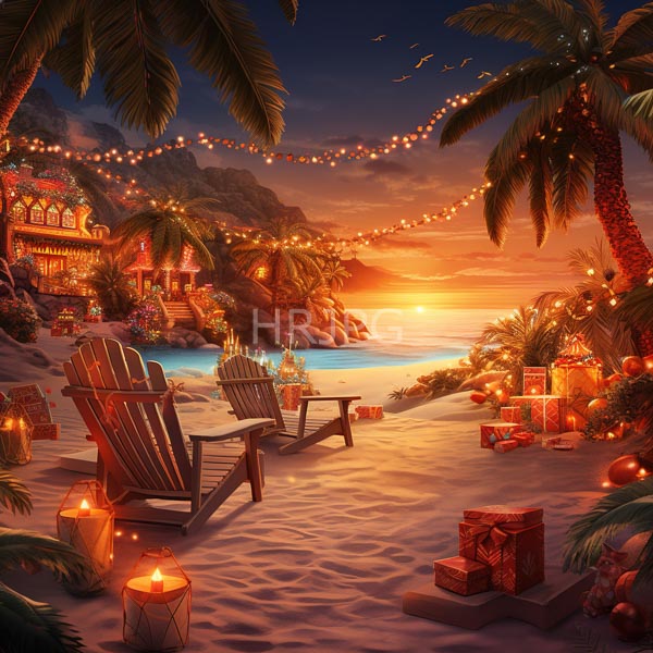 High Resolution: Idyllic beach at sunset adorned with string lights and palm trees two wooden Adirondack chairs face calm waters near a decorated Christmas tree download. | HRJPG.com