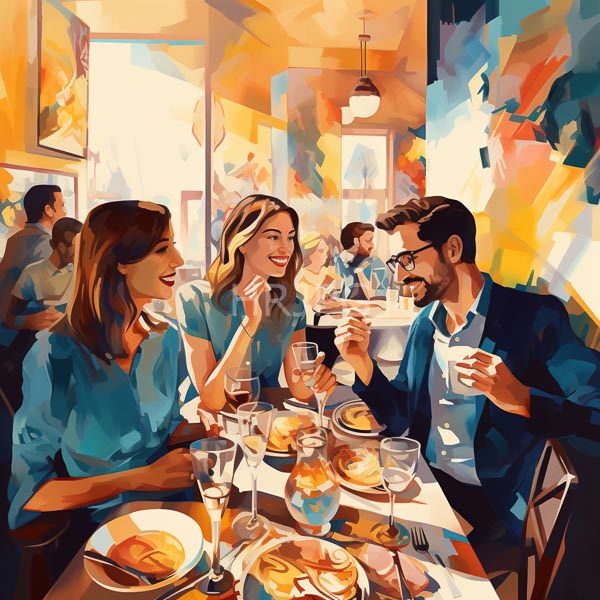 High Resolution: Three smiling casually dressed individuals two women and one man with light brown hair in blue shirts at an upscale restaurant table with wine glasses and plates download. | HRJPG.com