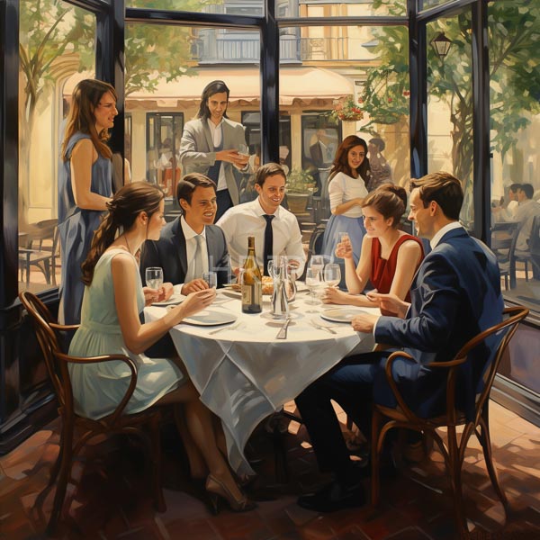 High Resolution: Elegant outdoor cafe scene features six well-dressed adults three men and three women enjoying drinks while chatting animatedly under large glass windows download. | HRJPG.com