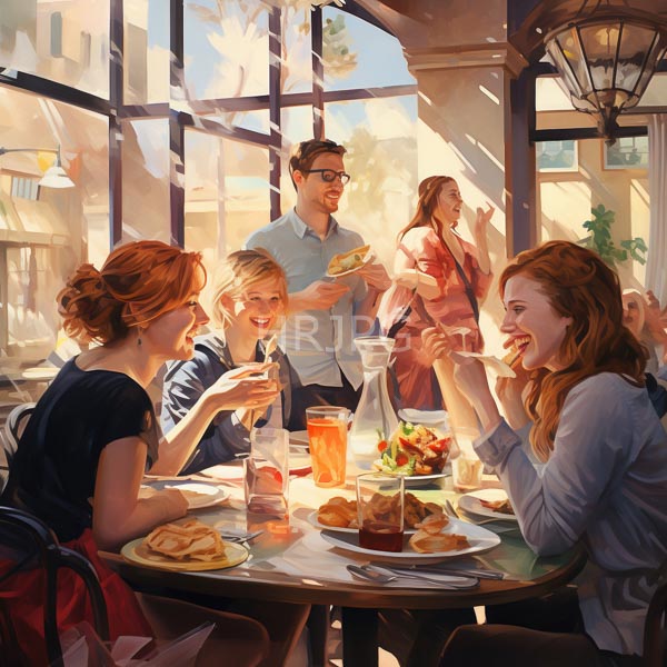 High Resolution: Four young adults two men and two women with red hair enjoy brunch in an outdoor cafe bathed in sunlight laughing around a table filled with pastries and drinks download. | HRJPG.com