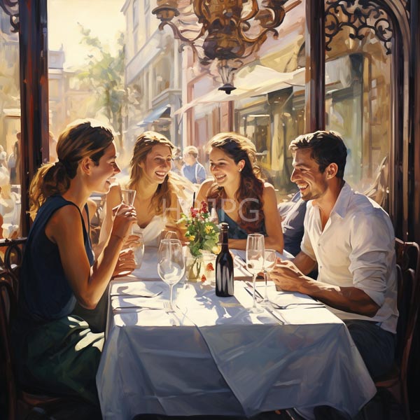 High Resolution: Photorealistic four laughing friends two women and one man at an outdoor cafe table adorned by a wine bottle and flowers with sunlight filtering through ornate windows download. | HRJPG.com