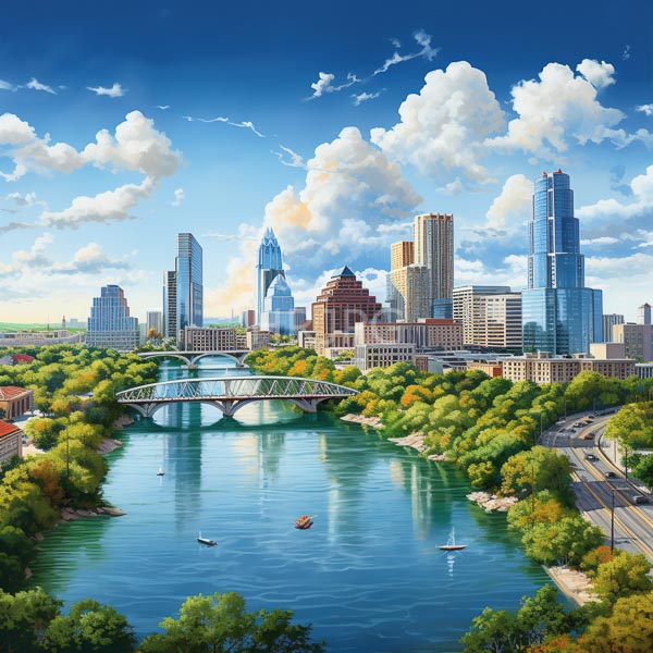High Resolution: Intricate illustration of a vibrant cityscape featuring modern skyscrapers lush greenery along riverside parks with bridges spanning calm blue waters download. | HRJPG.com