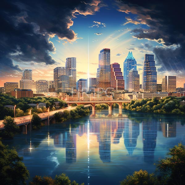 High Resolution: Photorealistic urban sunset skyline featuring tall illuminated skyscrapers with reflective glass facades and a calm river reflecting city lights download. | HRJPG.com
