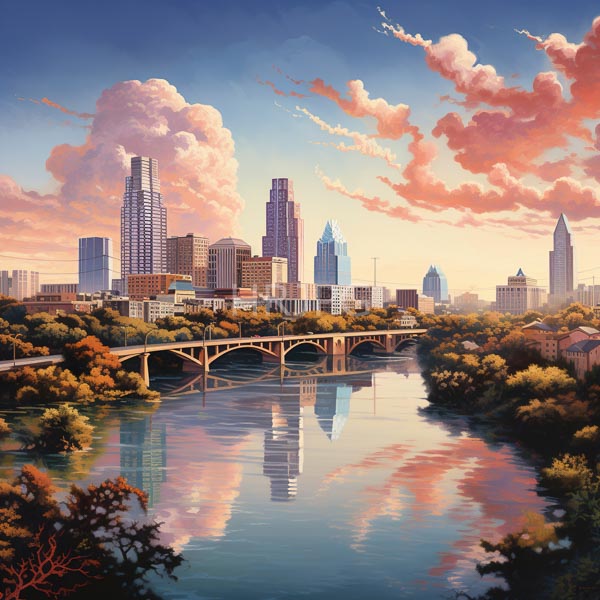 High Resolution: Urban cityscape at sunset features a reflective river with an arched bridge in the foreground and diverse skyscrapers dominating the background download. | HRJPG.com