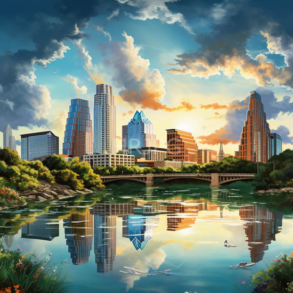 High Resolution: Urban skyline at sunset features a reflective river in the foreground with greenery and a small boat and diverse skyscrapers dominating the background download. | HRJPG.com