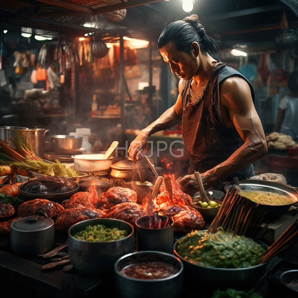 High Resolution: Asian man with dark hair in a bun wearing a sleeveless brown shirt cooks at a night market stall grilling meat over an open flame and preparing sauces download. | HRJPG.com