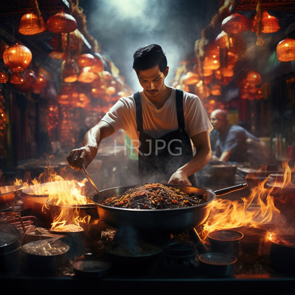 High Resolution: Asian male chef with short black hair wears a white shirt and dark apron stirring stir-fried noodles in a flaming wok under dim market stall lights download. | HRJPG.com