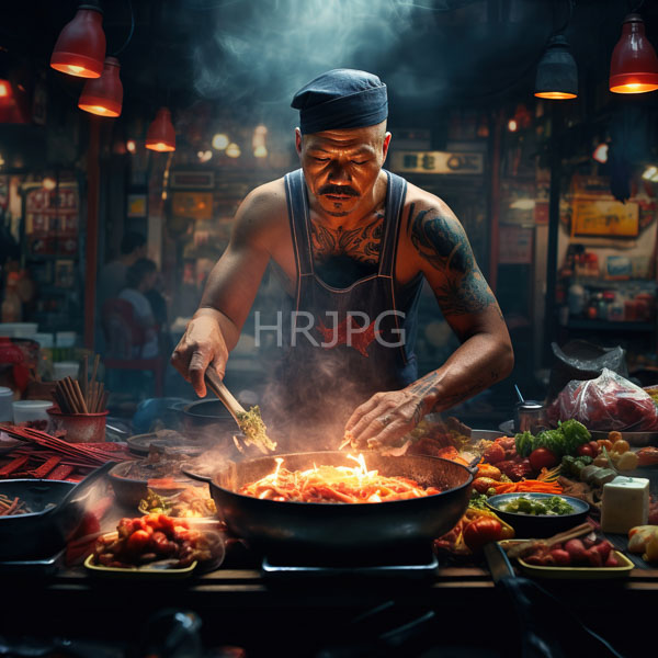 High Resolution: Intense muscular Asian man with tattoos and dark hair under a blue cap cooks in a dim market stall at night stirring a sizzling stir-fry pan emitting steam download. | HRJPG.com