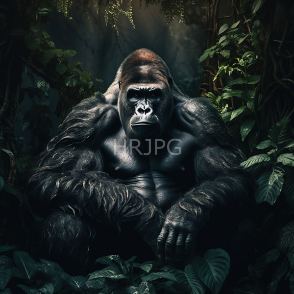 High Resolution: Photorealistic imposing muscular male gorilla with dark fur and reddish-brown hair sits in dense jungle foliage with a serious expression and dramatic shadows download. | HRJPG.com