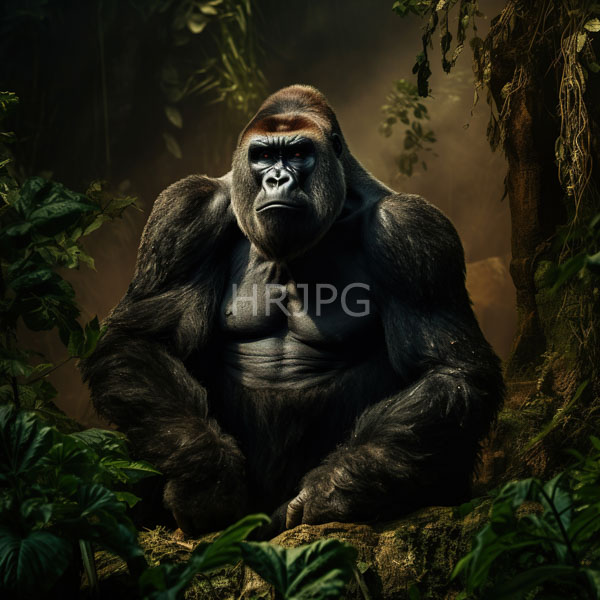 High Resolution: Photorealistic imposing muscular male gorilla with dark fur and prominent brow ridge sits in dense jungle foliage with a serious expression in dim forest light download. | HRJPG.com
