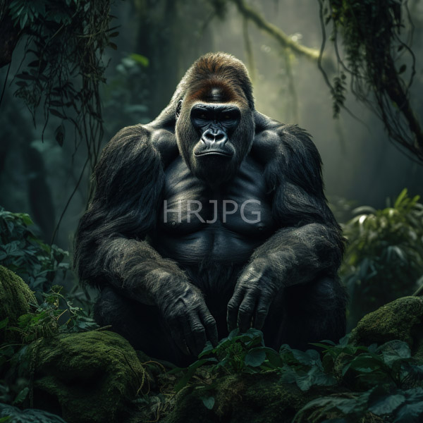 High Resolution: Photorealistic imposing muscular male gorilla with dark fur and prominent chest muscles sits in dense jungle foliage surrounded by moss-covered rocks download. | HRJPG.com