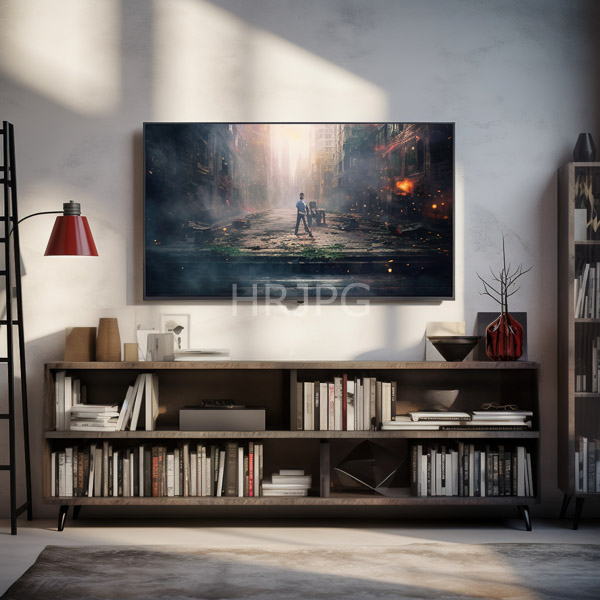 High Resolution: Modern living room with white walls a wooden bookshelf filled with books and a red floor lamp casting shadows over a framed fantasy artwork download. | HRJPG.com