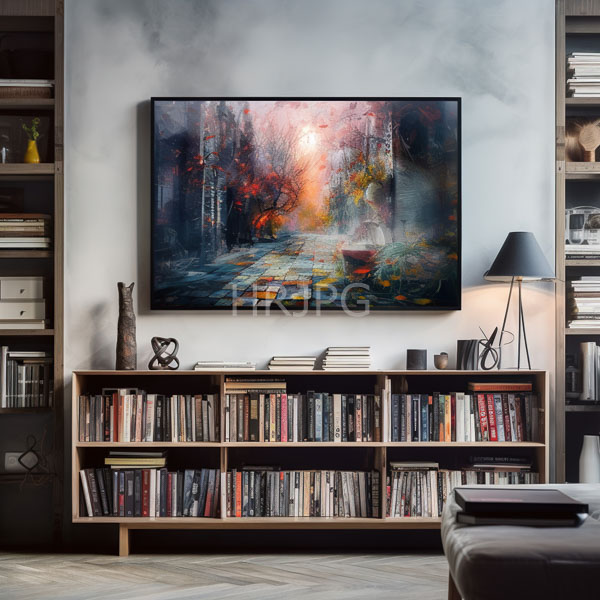 High Resolution: Elegant living room features a wooden bookshelf filled with various books flanked by two dark wood shelves with a large abstract painting above depicting a colorful pathway download. | HRJPG.com