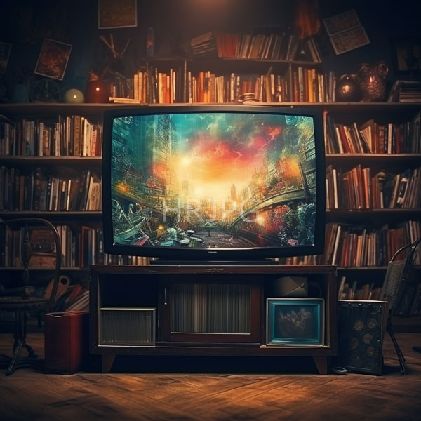High Resolution: Eclectic living room features a large flat-screen TV displaying vibrant fantasy scenery with colorful skies and cityscape elements on wooden shelves filled with books download. | HRJPG.com