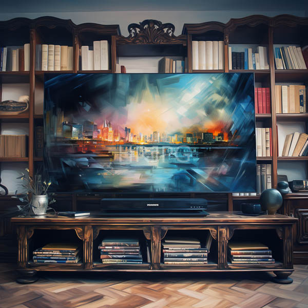 High Resolution: Elegant living room features a large modern flat-screen TV displaying abstract cityscape art with vibrant blues and oranges on wooden shelves filled with books download. | HRJPG.com