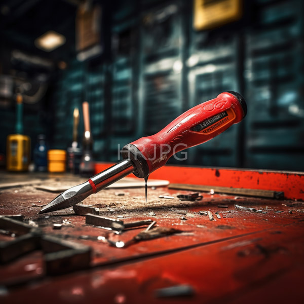 High Resolution: Industrial workshop focusing on a red Stanley screwdriver with a metal tip and wood handle resting diagonally across a cluttered wooden workbench with screws and debris download. | HRJPG.com