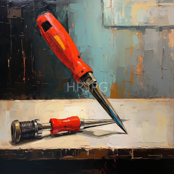 High Resolution: Oil painting depicts two red-handled screwdrivers with metallic tips one lying flat and one angled upward against a textured abstract background download. | HRJPG.com