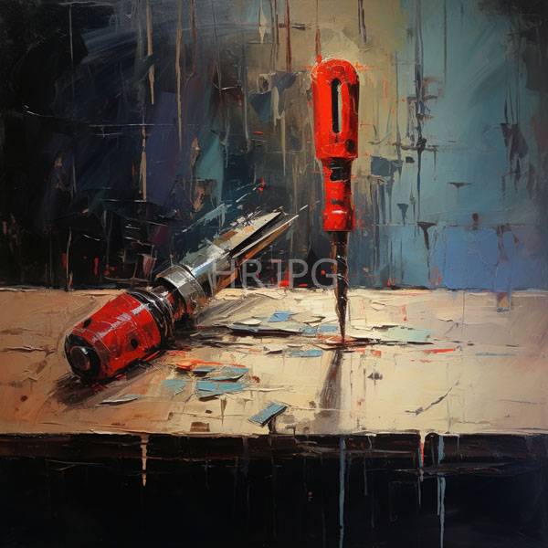 High Resolution: Oil painting depicts two red and silver pneumatic tools on a rough textured surface with scattered blue pieces of debris against a dark blue and black abstract background download. | HRJPG.com