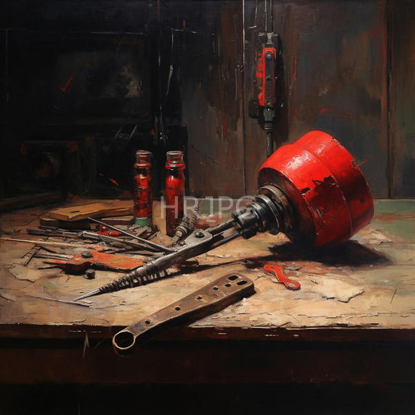 High Resolution: Oil painting depicts a cluttered workshop table with a realistic detail and dark moody lighting with wooden shelves filled with tools and scattered screws download. | HRJPG.com