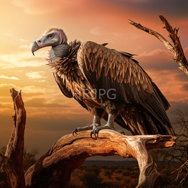 High Resolution: African vulture with dark brown feathers and red eyes perched on a weathered tree branch against a sunset sky with warm orange-pink clouds download. | HRJPG.com